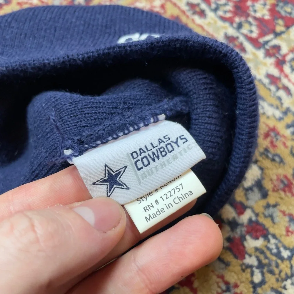 VTG 00s Dallas Cowboys Knit Striped Logo‎ Beanie Hat NFL Navy Blue White Gray
